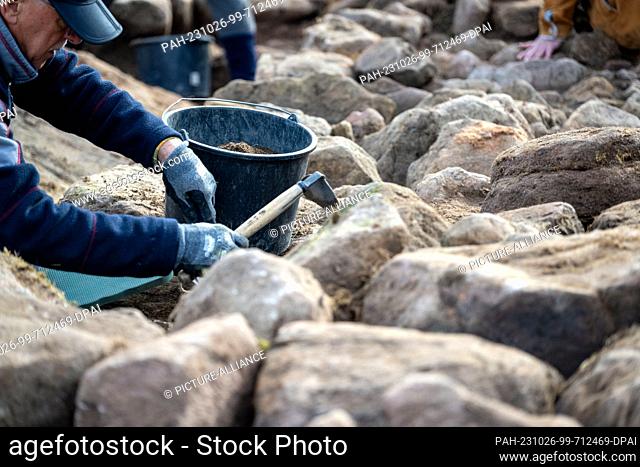 PRODUCTION - 18 October 2023, Bavaria, Friesen: A man scrapes earth from the joints of an old stone foundation with a trowel