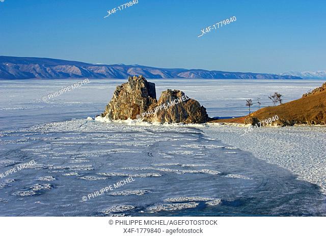Russia, Siberia, Irkutsk oblast, Baikal lake, Maloe More little sea, frozen lake during winter, Olkhon island, Shaman rock