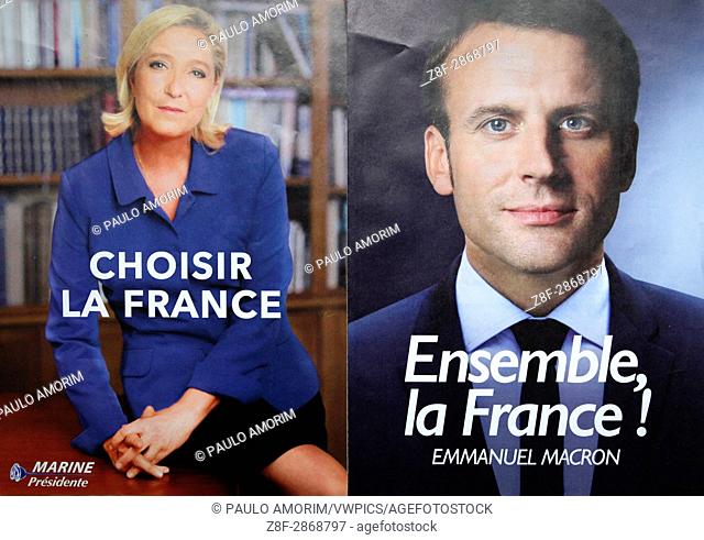 Shows the official campaign posters of candidates in the French presidential election, French National Front (FN) political party leader