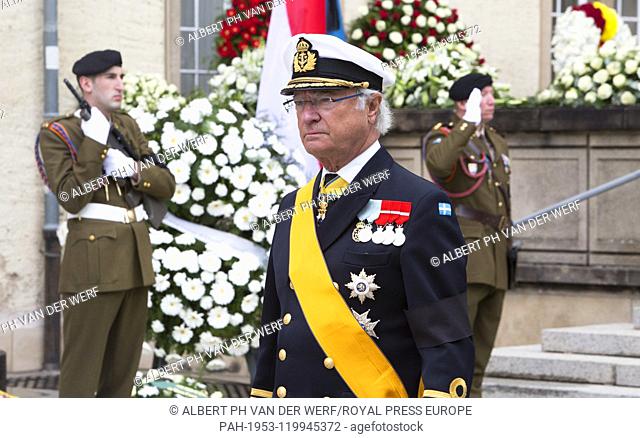 King Carl Gustaf of Sweden leave at the Cathédrale Notre-Dame in Luxemburg, on May 04, 2019, after the Funeral ceremony of HRH Grand Duke Jean of Luxemburg (5...