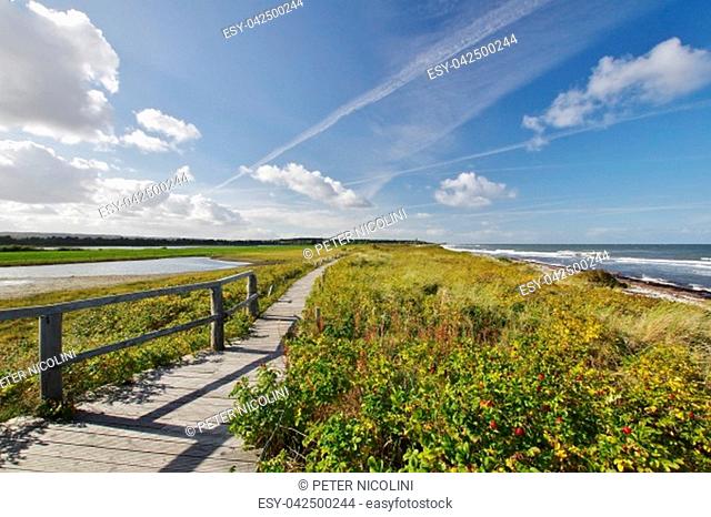 Panoramic view from a scenic path, a splendid outlook over the East Sea, the dunes and the inland lake between Lippe and Behrensdorf, Schleswig-Holstein