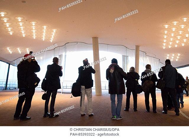 Journalists standing on the plaza during a press tour through the Elbphilharmonie in Hamburg, Germany, 4 November 2016. During a ceremonial act on Friday