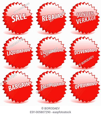 Set of red 3D vector star badges with word sale in different lan