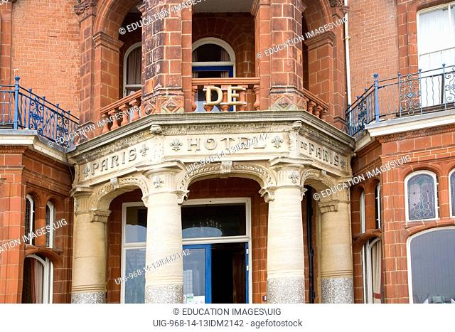Architectural detail of the Hotel de Paris in the seaside town of Cromer, north Norfolk coast, England