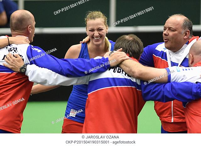 Czech tennis player Petra Kvitova (centre) celebrates after winning the semifinal Czech Republic vs. France Fed Cup match against Caroline Garcia in Ostrava