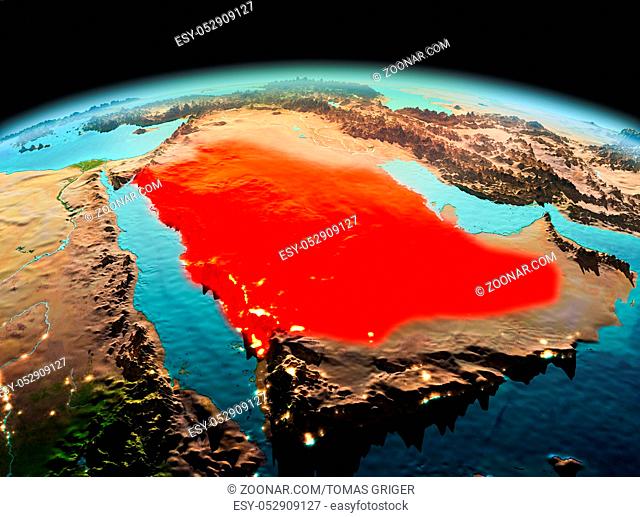 Morning above Saudi Arabia highlighted in red on model of planet Earth in space. 3D illustration. Elements of this image furnished by NASA