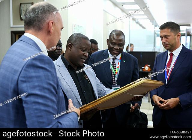 RUSSIA, ST PETERSBURG - JULY 26, 2023: Minister of Foreign Affairs and International Cooperation of the Republic of Zambia Stanley Kakubo (C front) is seen on...