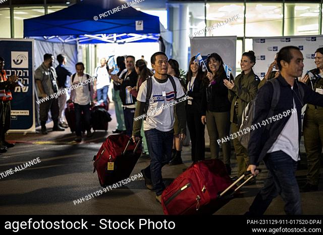 29 November 2023, Israel, Ramle: Thai migrant workers, who were released by the militant group Hamas after being in captivity for over 50 days