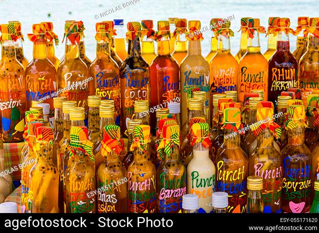 Sainte-Anne, Grande-Terre, Guadeloupe - November 8th, 2018: Arranged rum bottles on a local market