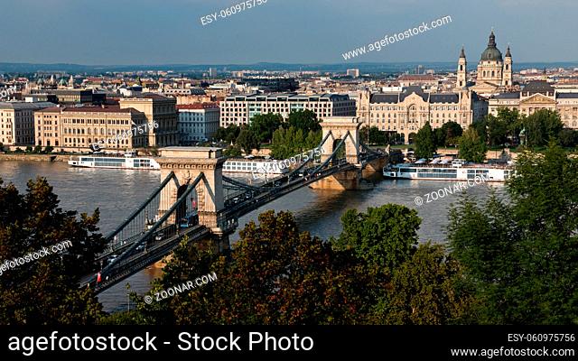 The szechenyi chain bridge on the danube, built at the end of the 19th century and one of the symbols of Budapest
