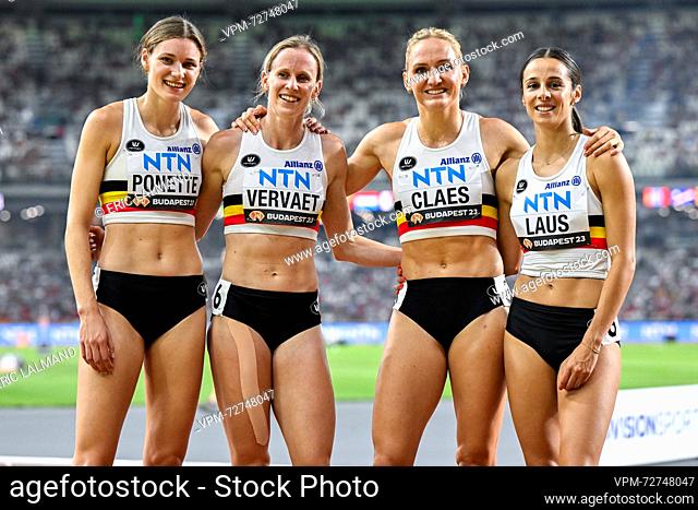 Belgian Helena Ponette, Belgian Imke Vervaet, Belgian Hanne Claes and Belgian Camille Laus pose for the photographer after the finals of the women's 4x400m...
