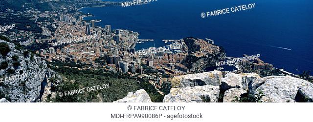 Monaco - From the cliff on the road of the Tête de chien, after La Turbie, the Principality of Monaco and the coast