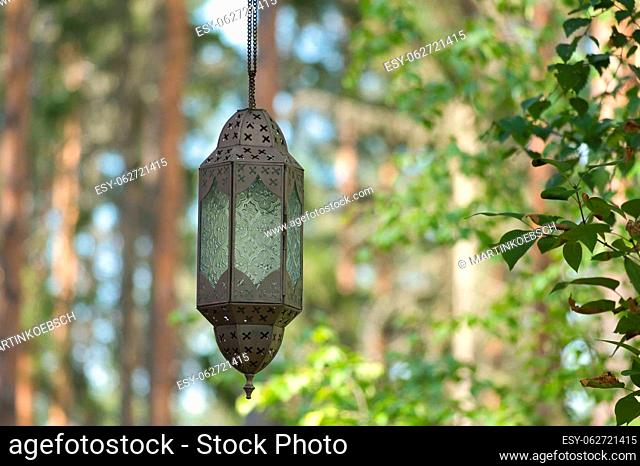Hanging lamp on a track in front of a forest of metal and glass. Oriental processing. Object photo