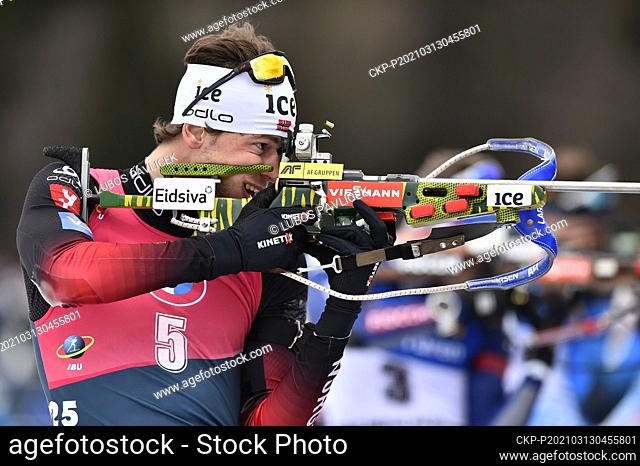 Sturla Holm Laegreid of Norway shoots during the 12.5 km men's pursuit race at the Biathlon World Cup in Nove Mesto na Morave, Czech Republic, March 13, 2021