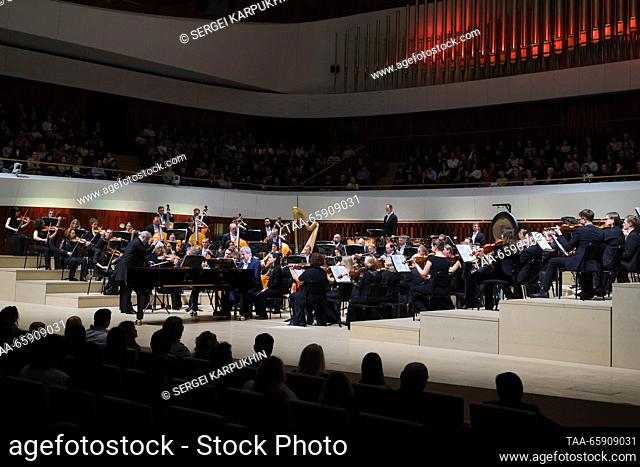 RUSSIA, MOSCOW - DECEMBER 19, 2023: Musicians perform during a concert by the Mariinsky Theatre Orchestra at Zaryadye Concert Hall