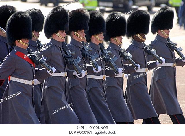 Changing the guard at Buckingham Palace. The household troops have guarded the sovereign and the royal palaces since 1660 and when Queen Victoria moved into...
