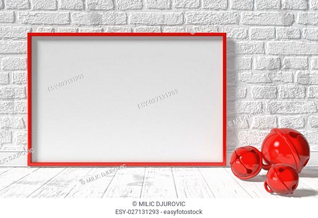 Mock-up red canvas frame, red Christmas sleigh bells and brick wall. 3D rendering illustration