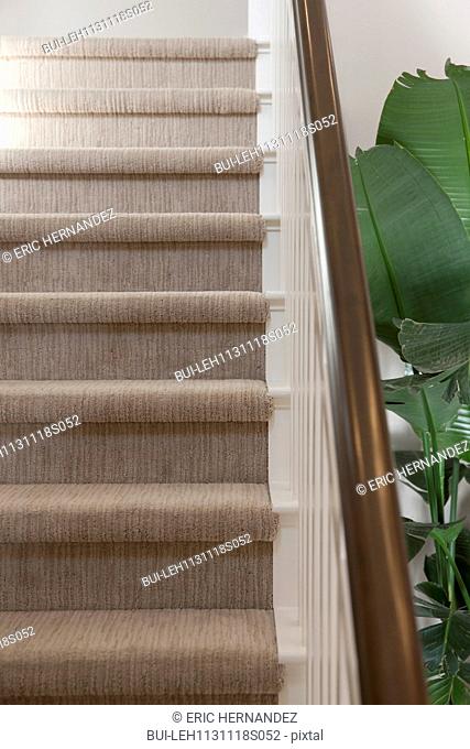 Close-up of stairs with banister at home; Irvine; California; USA