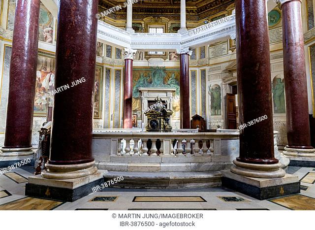 The oldest baptistery of Christianity, ancient columns of Egyptian porphyry, Patriarchal Basilica of St. John Lateran, Lateran, Vatican, Rome, Lazio, Italy
