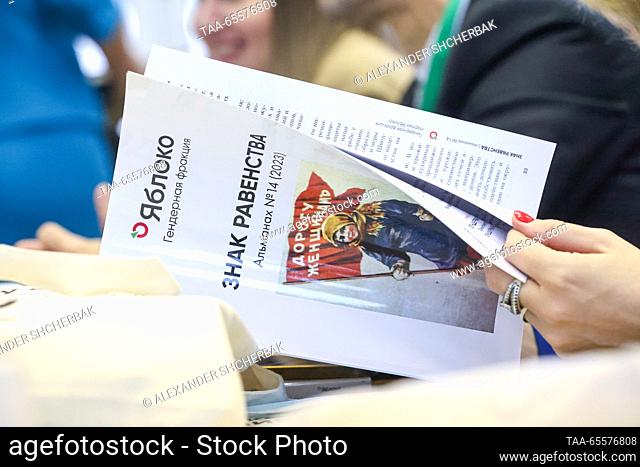 RUSSIA, MOSCOW - DECEMBER 9, 2023: Almanac No 14 of the Yabloko gender faction is seen at the 22nd congress of the Russian United Democratic Party Yabloko at a...