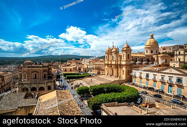 Panoramic view of Noto old town and Noto Cathedral, Sicily, Italy