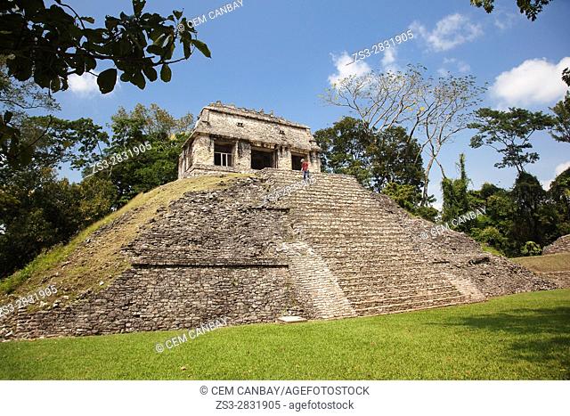 Tourist at the stairs of the Templo del Conde-Temple of Conde in Palenque Archaeological Site, Palenque, Chiapas State, Mexico, Central America