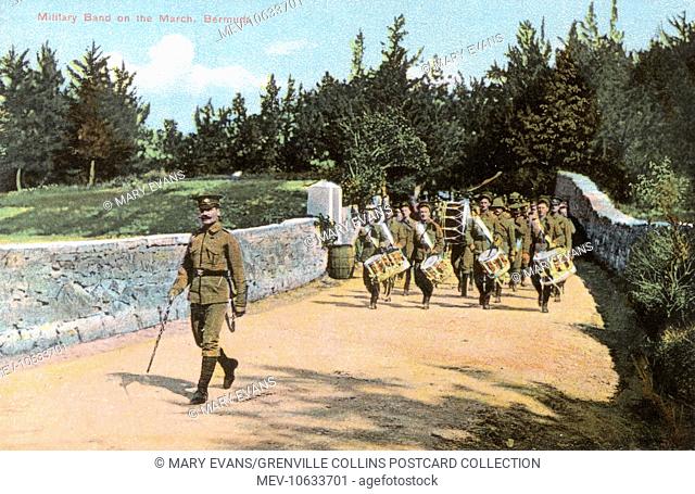 Military Band on the march, Bermuda. HMD Bermuda (Her/His Majesty's Dockyard) was the principal base of the Royal Navy in the Western Atlantic between American...