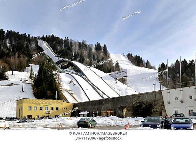Newly built Olympic ski jumps with Eckbauer Bahn station, Garmisch-Partenkirchen, Upper Bavaria, Bavaria, Germany