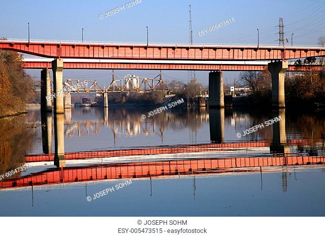 Woodland Street Bridge over the Cumberland with reflection in Nashville, Tennessee