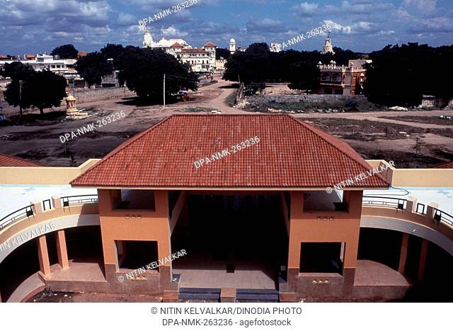 Facade of guest house with Swaminarayan temple, Sarangpur, Gujarat, India, Asia