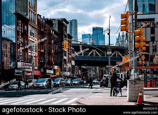New York City - USA - Mar 19 2019: Broadway Street view of Chinatown in Lower Manhattan
