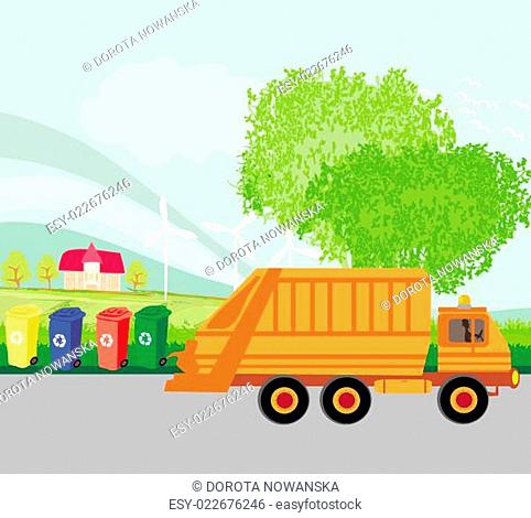 Colorful recycle bins ecology concept with landscape and garbage truck