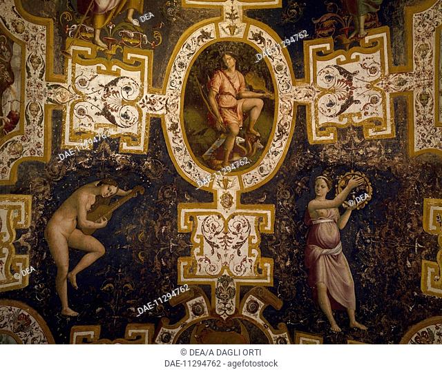 Apollo, the Muses and heraldic symbols, 1535-1545, by Cola dell'Amatrice (ca 1480-ca 1547), fresco, Vitelli Palace alla Cannoniera, Citta di Castello, Umbria