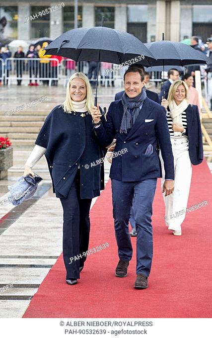 Crown Prince Haakon and Crown Princess Mette-Marit of Norway attend the 80th birthday lunch of King Harald and Queen Sonja of Norway at the Royal yaught Norge...