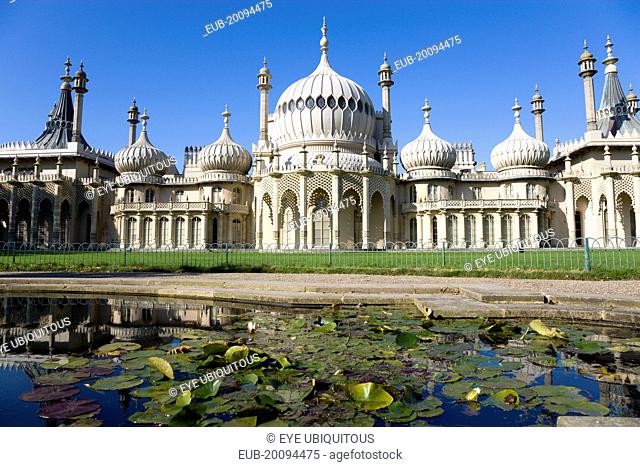 The onion shaped domes of the 19th Century Pavilion designed in the Indo- Saracenic style by John Nash commissioned by George Prince of Wales later to become...