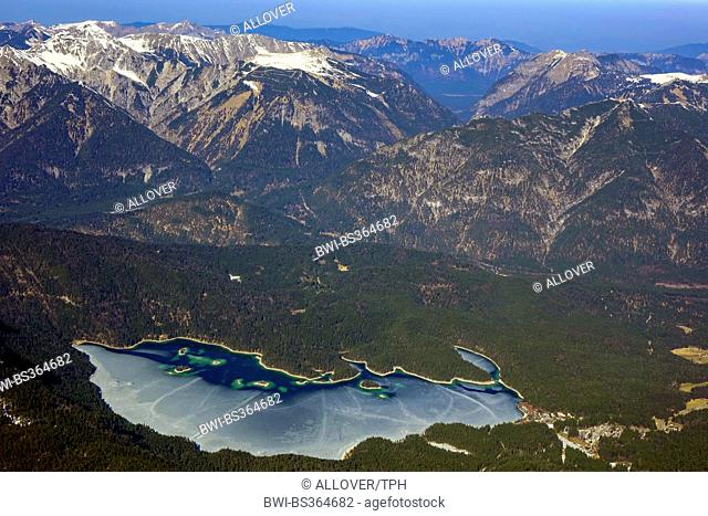 view from Zugspitze to frozen Eibsee lake, Germany, Bavaria, Oberbayern, Upper Bavaria, Garmisch-Partenkirchen