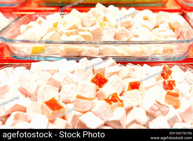 Traditional turkish rahat lokum sweets candy in shop store