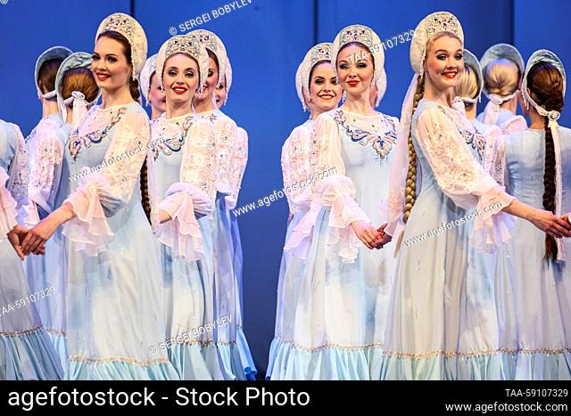RUSSIA, MOSCOW - MAY 15, 2023: Members of the Berezka State Academic Choreographic Ensemble perform during a concert to mark its 75th birthday at the...