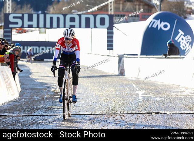 Dutch Puck Pieterse crosses the finish line at the women's elite race at the Val di Sole Trentino cyclocross cycling event, on Sunday 10 December 2023 in Italy
