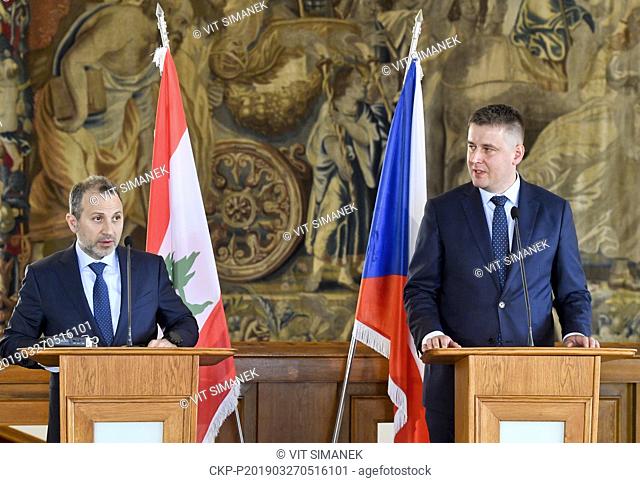 Lebanese Foreign and Emigrants Minister Gebran Bassil, left, and Czech Foreign Minister Tomas Petricek attend a news conference after their meeting to discuss...