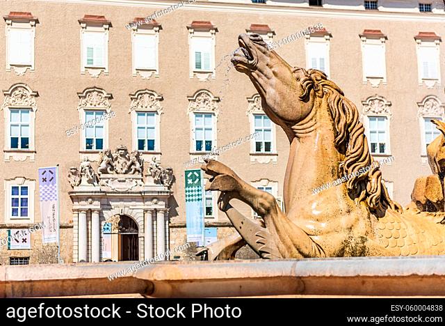 The horse of the Residenz fountain in the square between Cathedral and Residenz in the old town of Salzburg, Austria