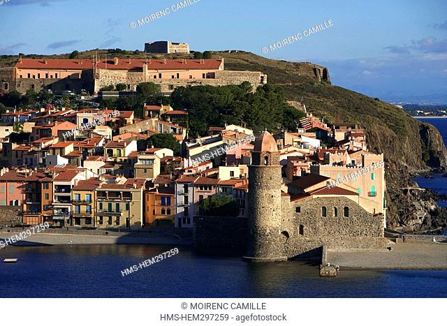 France, Pyrennees Orientales, Collioure, Plage Boramar and Our Lady of the Angels Church