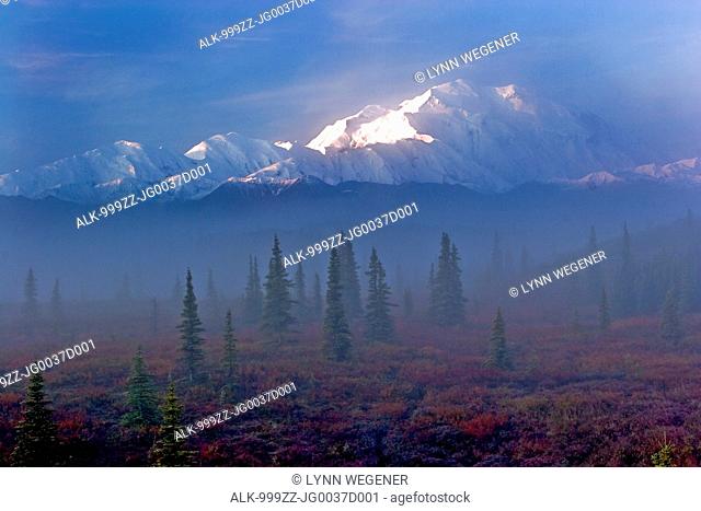 View of Mt. McKinley in the early morning fog from the Wonder Lake Campground in Denali National Park & Preserve, Interior Alaska, Fall