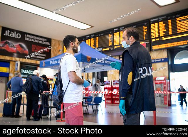 Police checks at the Central train Station during the first day of phase 2 Coronavirus emergengy in Bologna, ITALY-04-05-2020