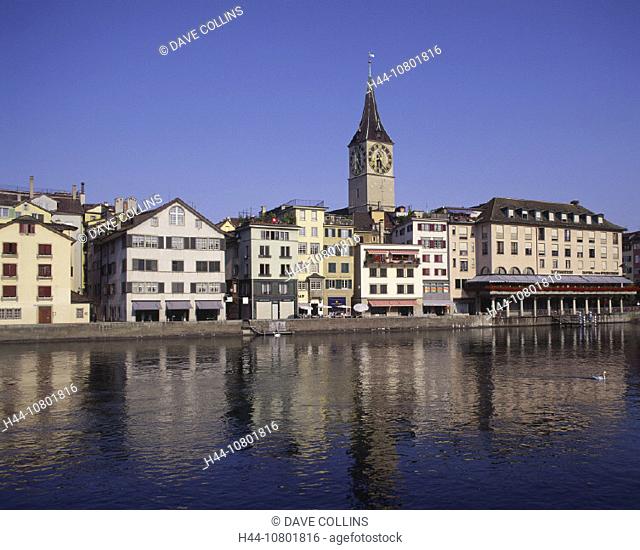architecture, building, buildings, Church, city, daytime, Europe, holiday, Limmat, old, Peters, reflections, river