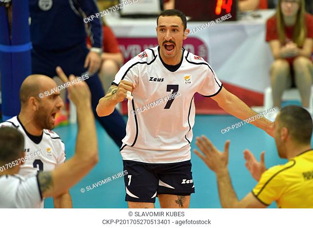 L-R Sotiris Petrakidis, Gabriel Georgiou, Marinos Papachristodoulou (all CYP) in action during the volleyball World Cup Qualification match Czech Republic vs...