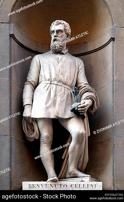 Benvenuto Cellini, statue in the Niches of the Uffizi Colonnade in Florence, Italy