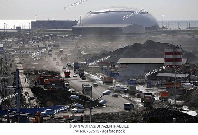 View of the construction site of the Olympic Park with the Shayba Arena (L) and the Bolshoy Ice Dome (R) in Sochi,  Russia, 04 February 2013