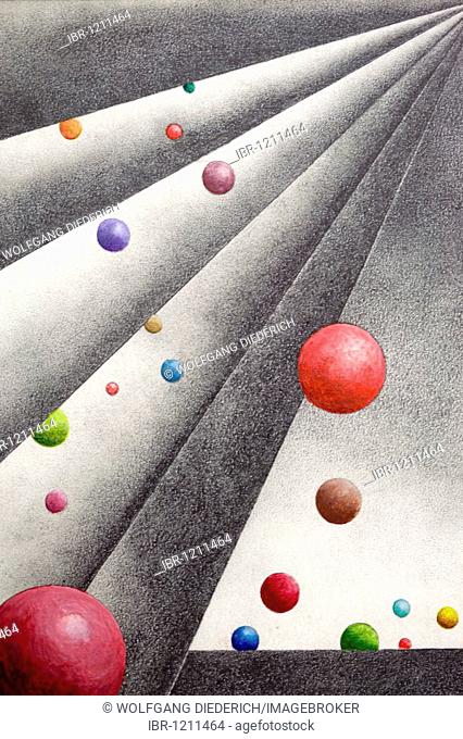 Pencil drawing, geometrical forms with colourful balls, by the artist Gerhard Kraus, Kriftel, Germany