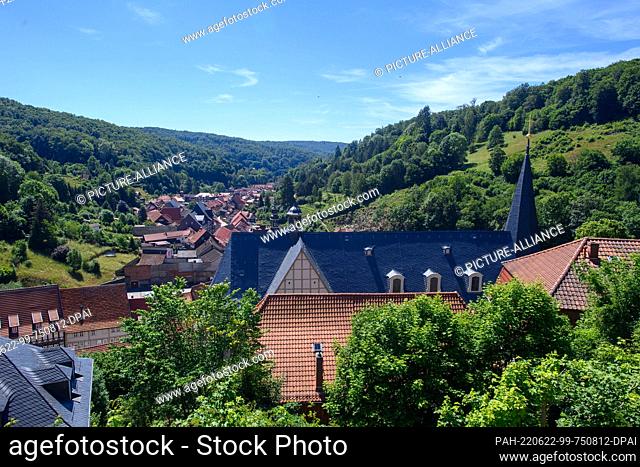 15 June 2022, Saxony-Anhalt, Stolberg: Roofs of houses in the town of Stolberg in the Harz Mountains. In the foreground you can see the roof of St